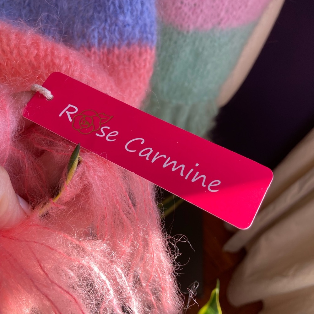 New Rose Carmine Pastel Colorful Striped Mohair Knit Scarf - Picture 7 of 8